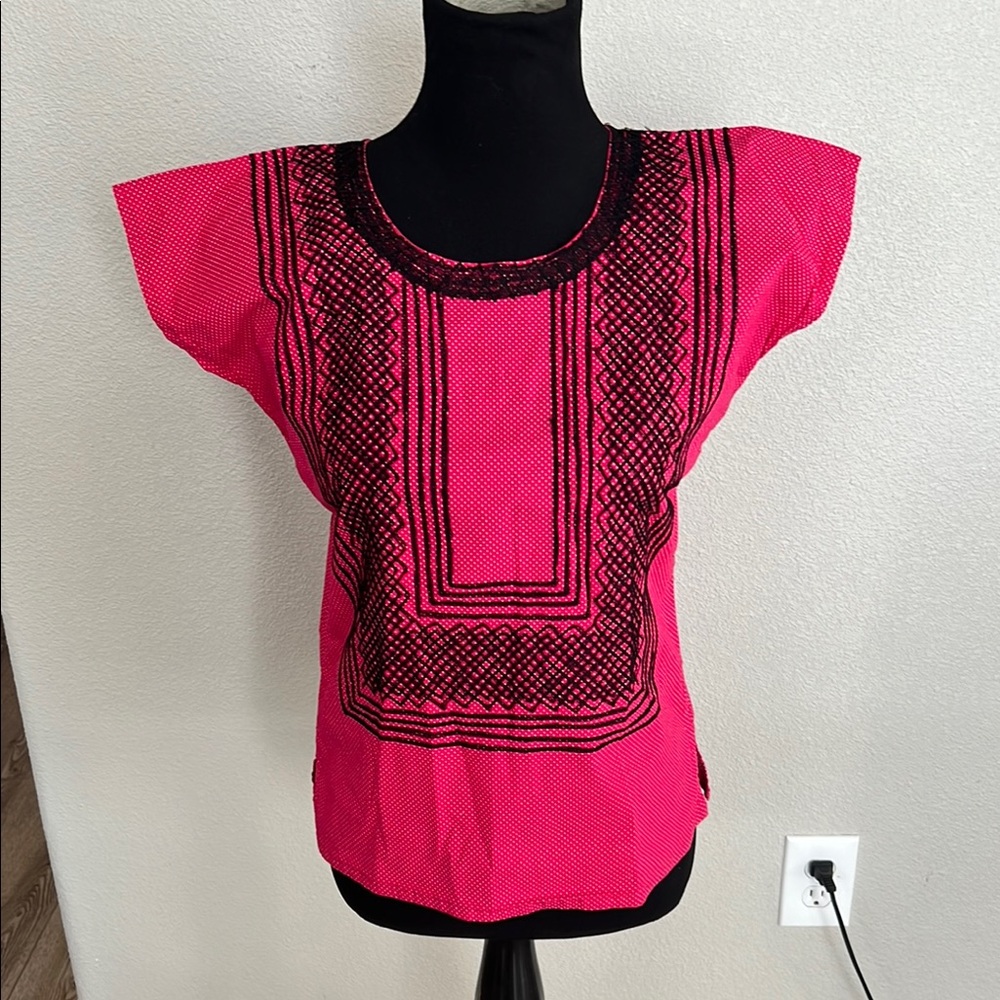 HUGO Pink and Black Boxy Blouse with Embroidered Front "Oaxaca style"